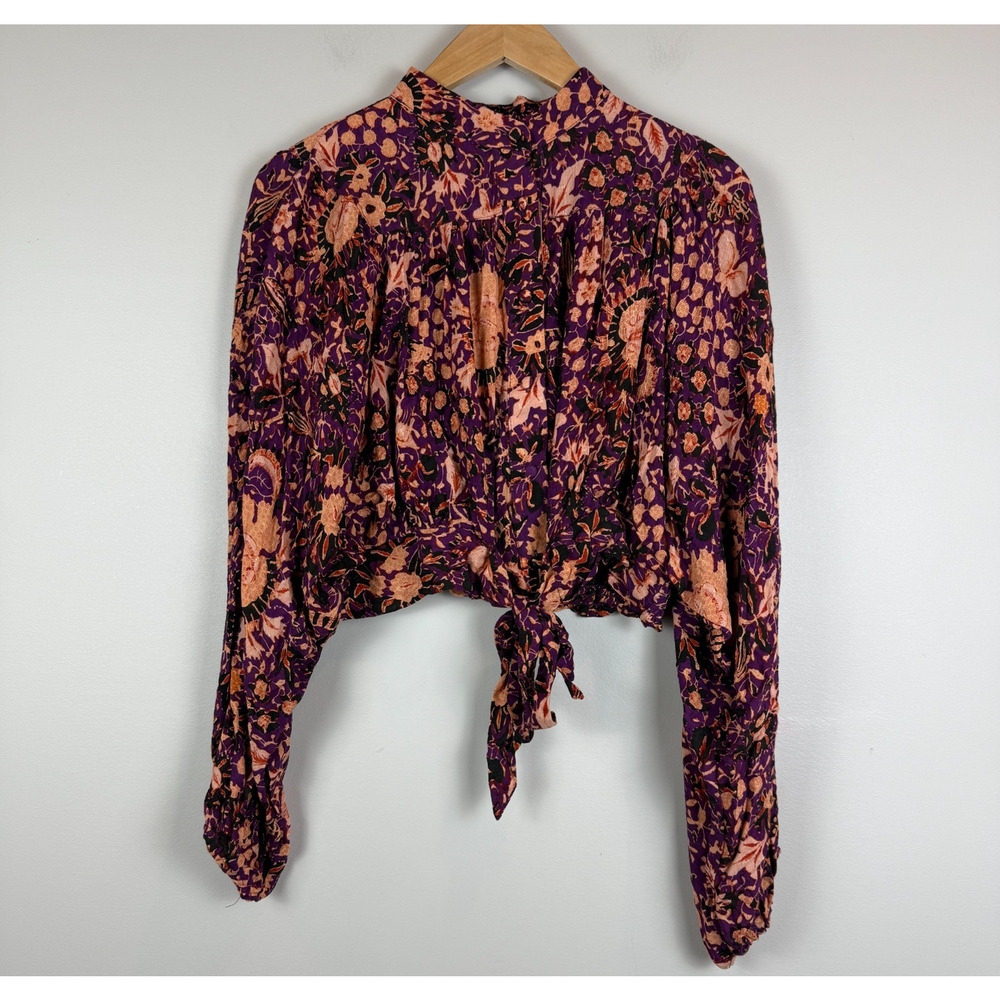 Rachel Zoe Top Women's Small Red Floral Pleated Tie Waist Puff Sleeve Cropped